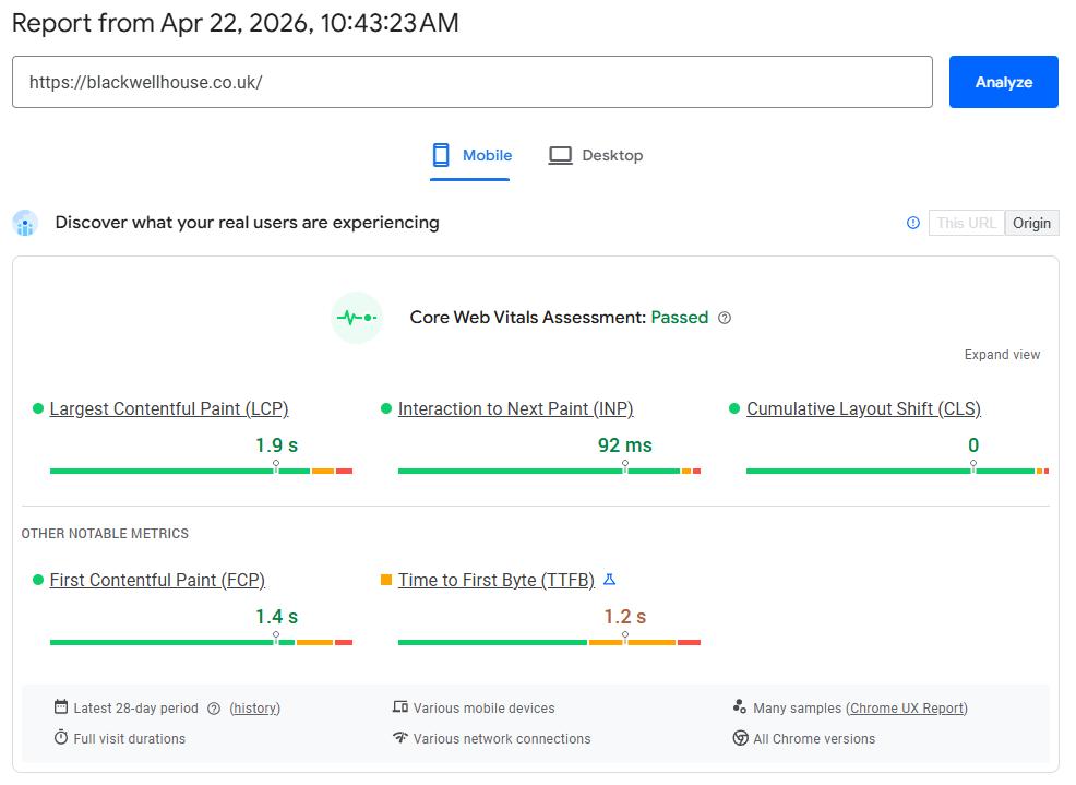 Blackwell House Core Web Vitals mobile results in Google PageSpeed Insights showing passed performance.