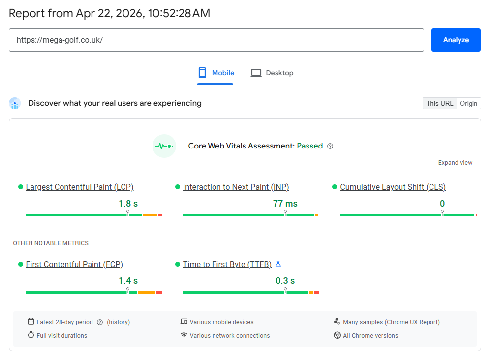 Mega Golf Core Web Vitals mobile results after Shopify migration showing passed performance.
