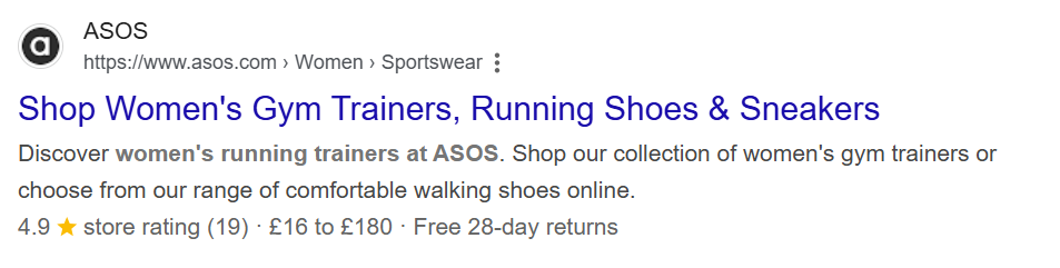 Google search result for ASOS women’s gym trainers showing the meta title, meta description, store rating, price range and free 28-day returns