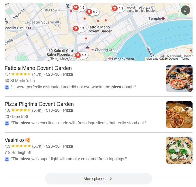 Google local pack results showing pizza restaurants