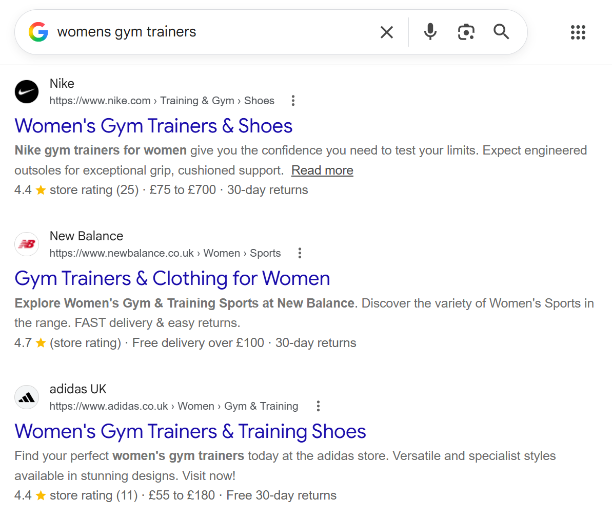 Google search results for women’s gym trainers showing Nike, New Balance and adidas using keywords, benefits, reviews and delivery information to improve SEO and click-through rate.