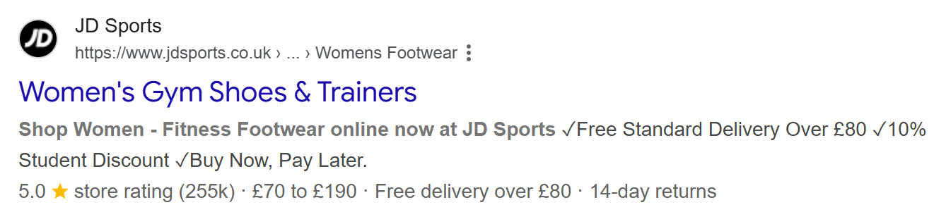 Google search result for JD Sports Women's Gym Shoes showing schema markup rich snippet with 5.0 star rating, price range £70 to £190, free delivery threshold and returns information