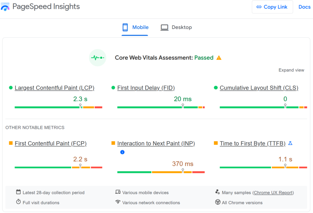 PageSpeed Insights Results
