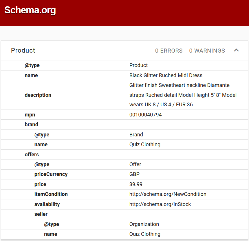 Schema.org Product Schema Markup Screenshot