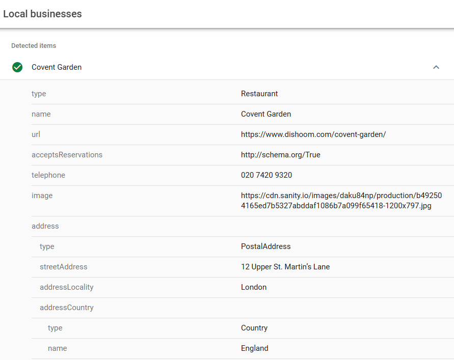 LocalBusiness schema example showing business name, address and phone number in Google Rich Results Test