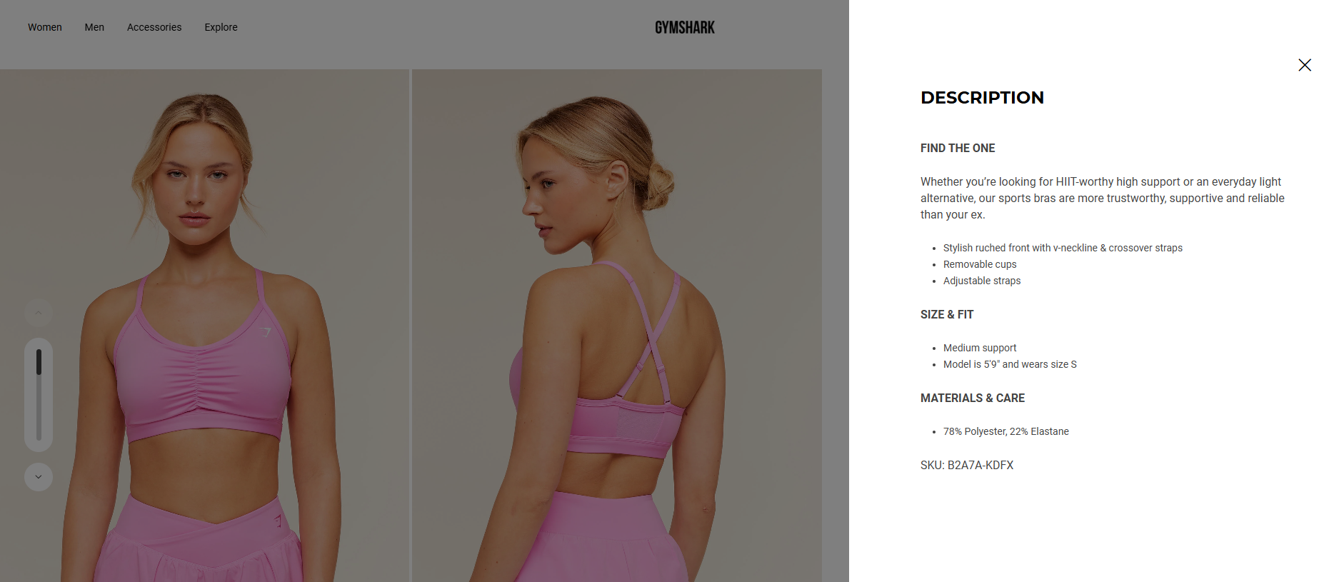 Gymshark product description example showing concise, useful product details including support level, fit, materials, care information and key features.
