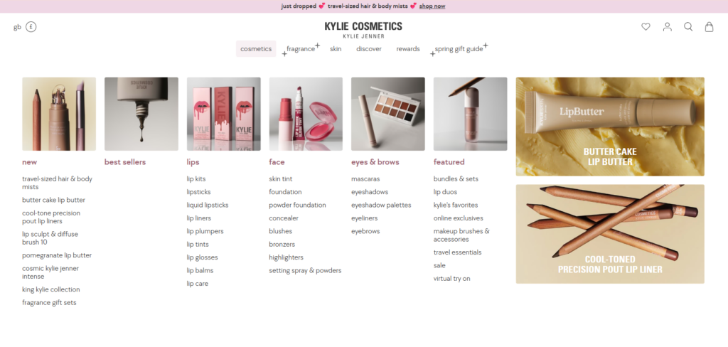 Screenshot of the Kylie Cosmetics mega menu showing product categories, subcategories and promotional panels arranged in a clear ecommerce website structure.