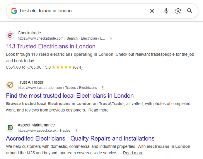 Google search results for “best electrician in London” showing local citation websites including Checkatrade, Trust A Trader and other trade directories.