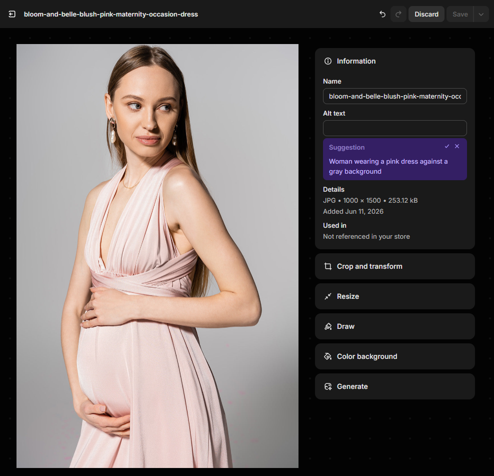Shopify image editor showing an AI-generated alt text suggestion for a pink maternity dress product photo