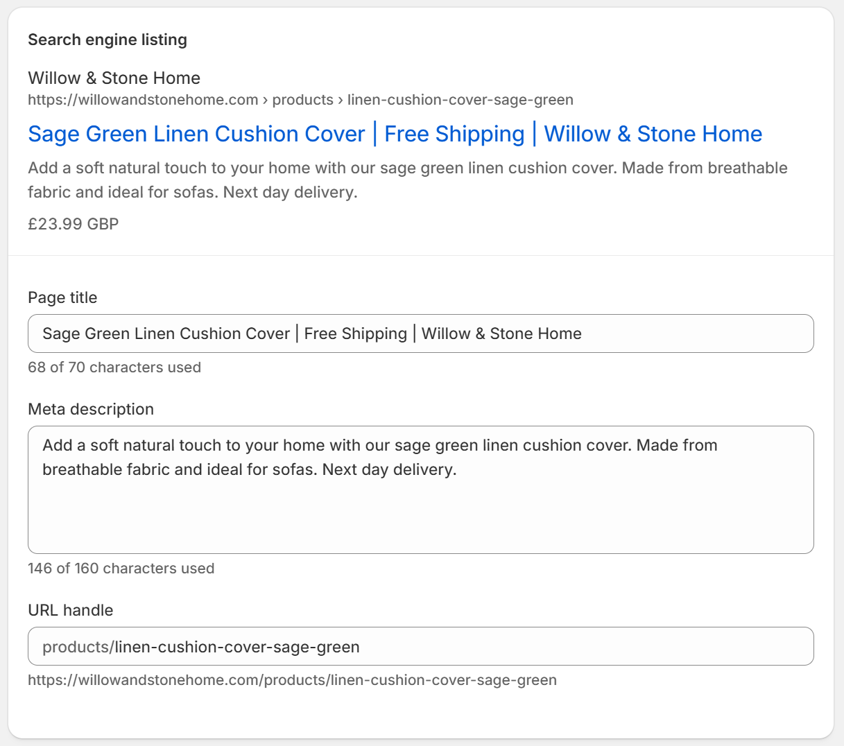 Shopify search engine listing fields for page title, meta description and URL handl