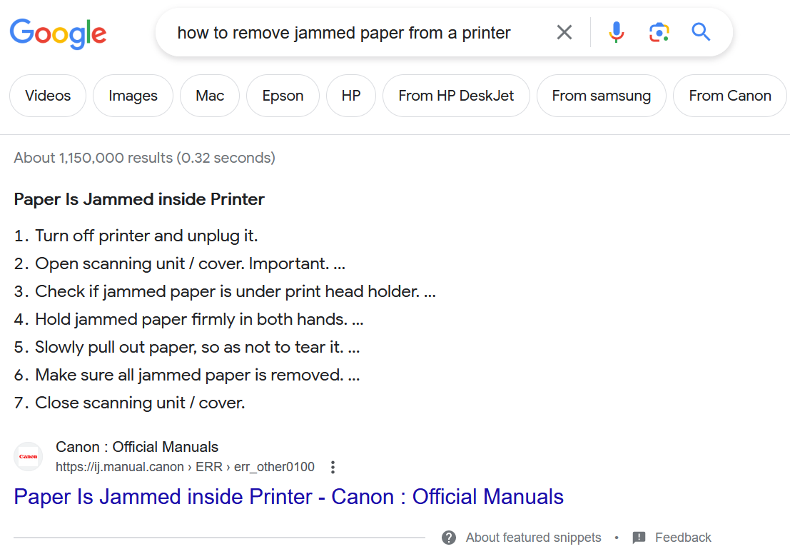 Featured snippet example – list
