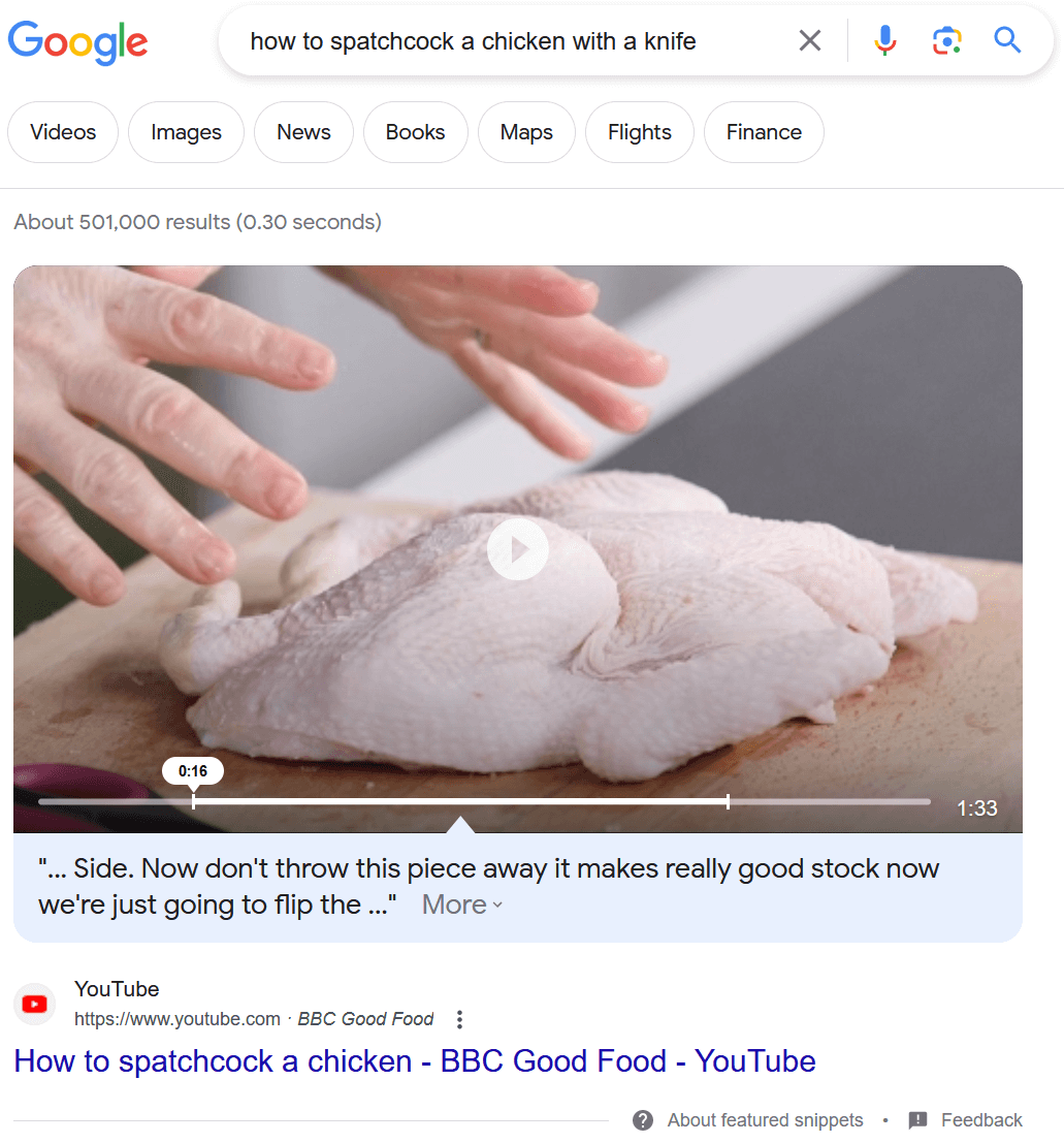 Featured snippet example – video