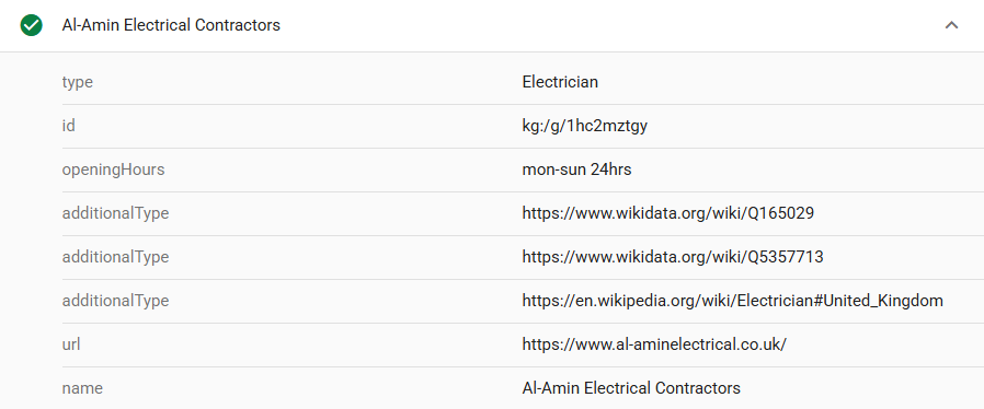 Google Rich Results Test showing valid Electrician structured data for Al-Amin Electrical Contractors.