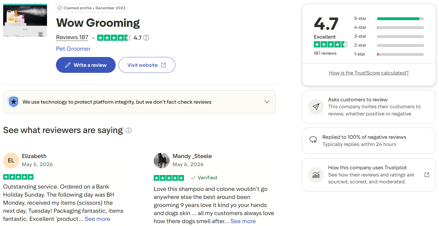 Trustpilot profile for Wow Grooming showing a 4.7 rating, 187 customer reviews and responses to negative feedback.