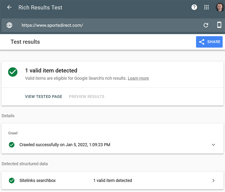 Rich Results Test Schema Markup – Successful Test from 2022 Showing the Now-Discontinued Sitelinks Property