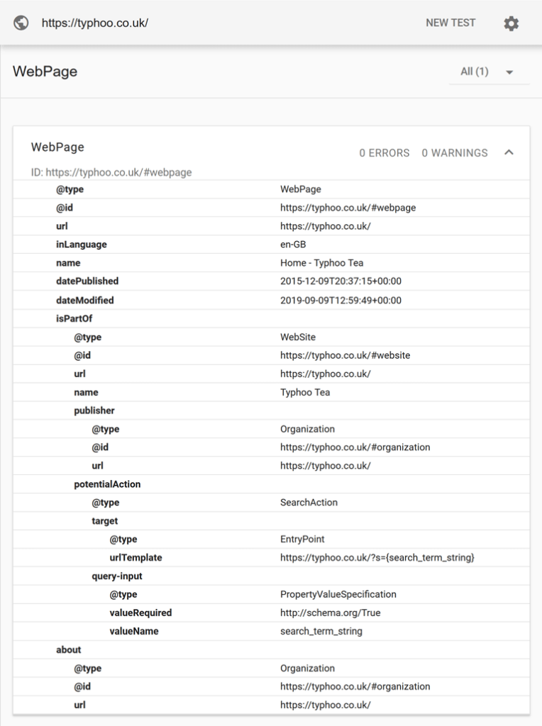 WebPage Schema Markup Tested with Schema Markup Validator