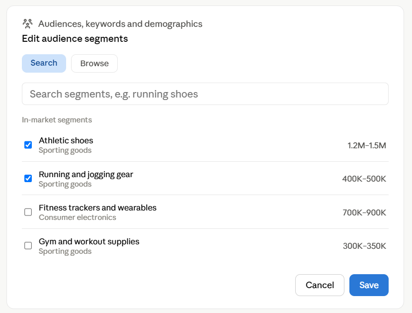 Google Ads audience segment panel showing in-market segments like "Athletic shoes" and "Running and jogging gear" with checkboxes and estimated audience size