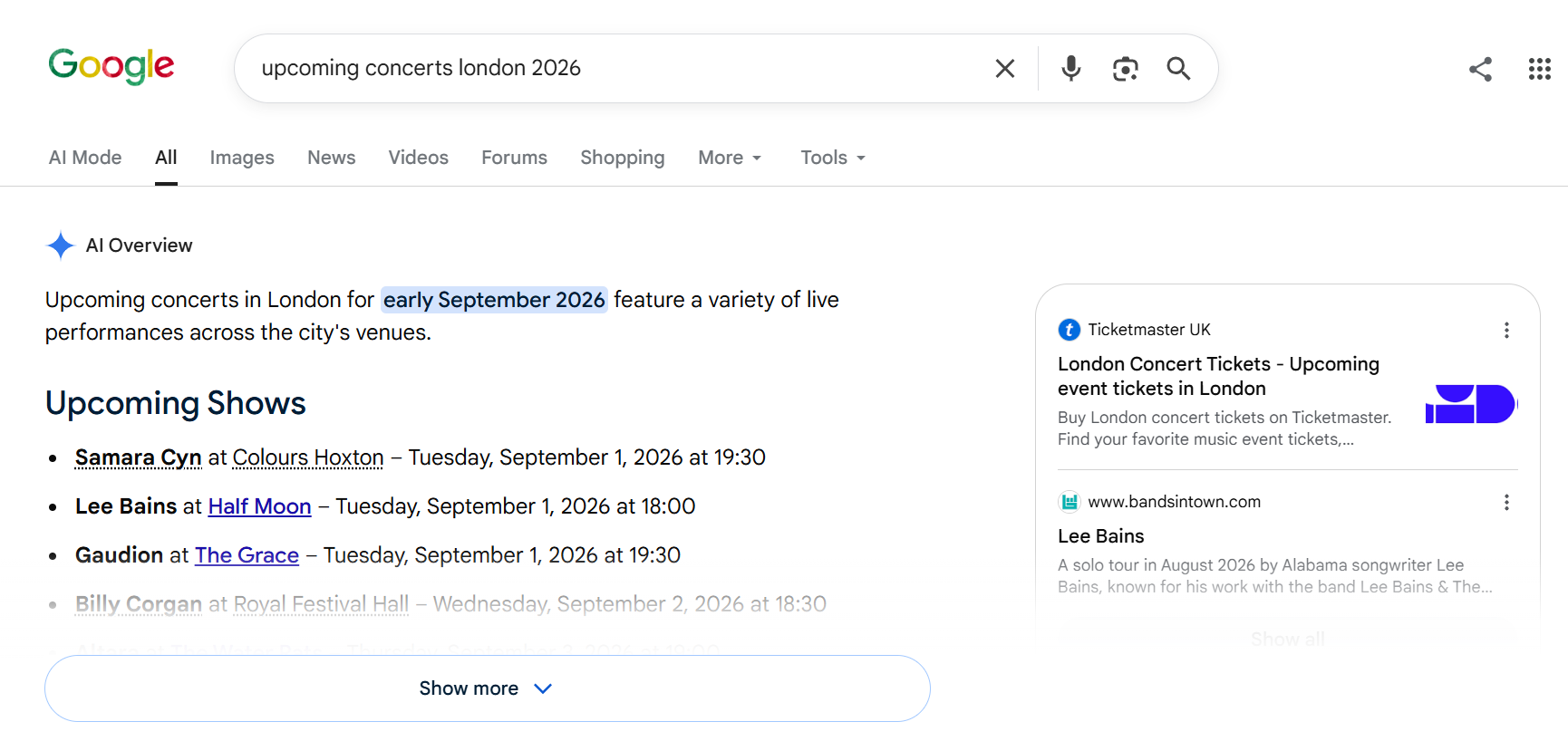 Google search results for “upcoming concerts London 2026” showing an AI Overview listing upcoming concerts.