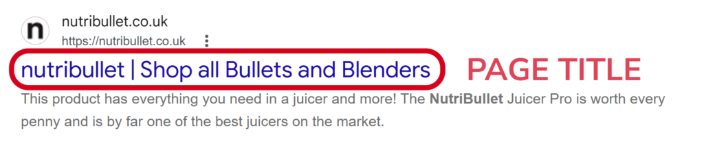 Screenshot of a Google search result for Nutribullet with the meta title highlighted.