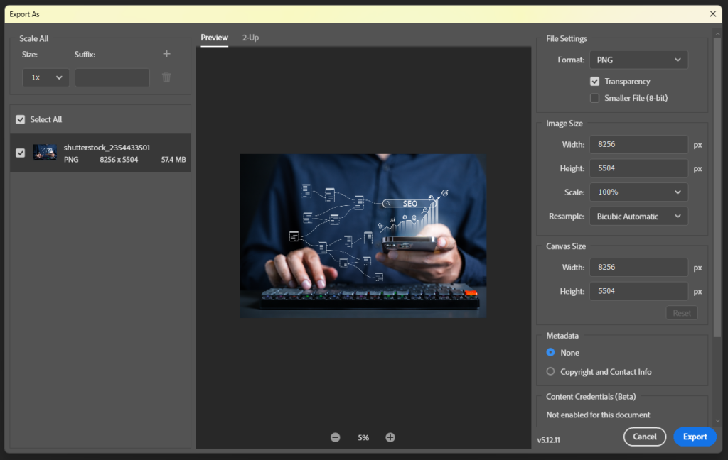 Photoshop export screen showing an oversized website image at 8256 by 5504 pixels with a file size of 57.4 MB before resizing or compression.