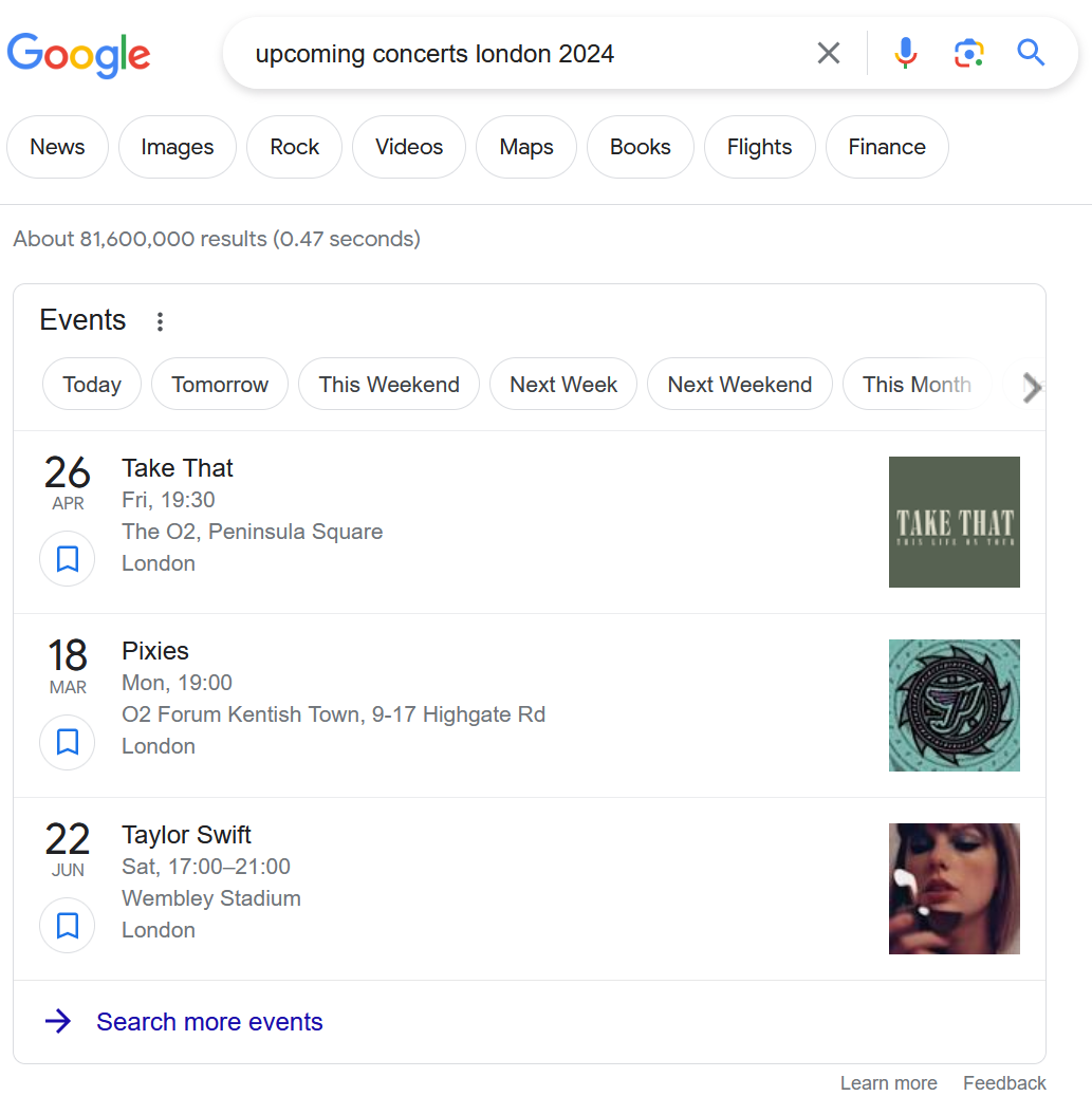 Rich Snippets for Events - Google SERP screenshot of an Even Snippet