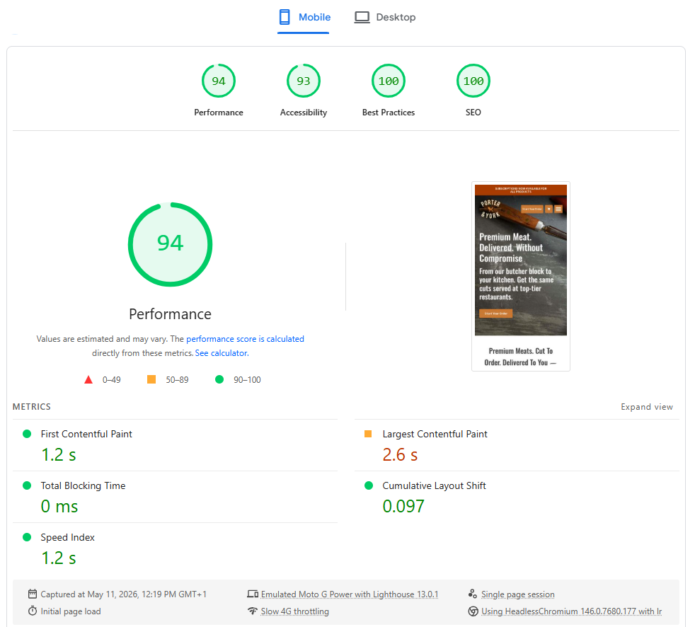 PageSpeed Insights mobile performance report of a WooCommerce website