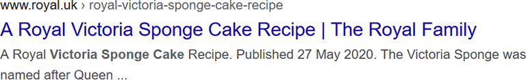 Standard Google search result for a Royal Victoria Sponge Cake recipe without recipe schema markup or rich snippet details.