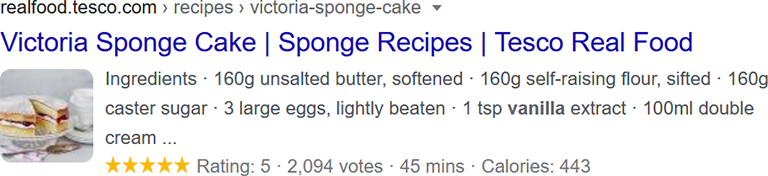 Google rich result for a Victoria Sponge Cake recipe showing recipe schema markup details including image, ingredients, rating, votes, cooking time and calories.