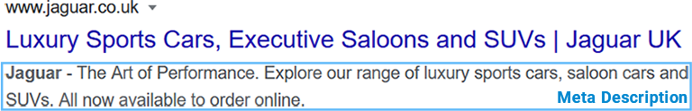 Screenshot of a Google search result for Jaguar UK with the meta description highlighted, showing a short summary of Jaguar’s luxury sports cars, saloon cars and SUVs.