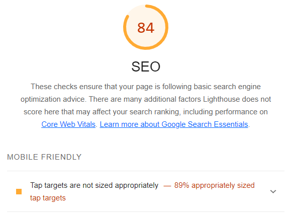 Google Lighthouse Mobile Friendly - Tap Targets