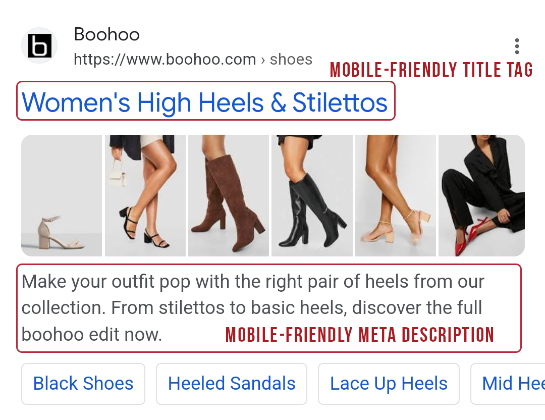 Mobile Google search result for Boohoo showing a mobile-friendly title tag and meta description for a women’s high heels and stilettos page.