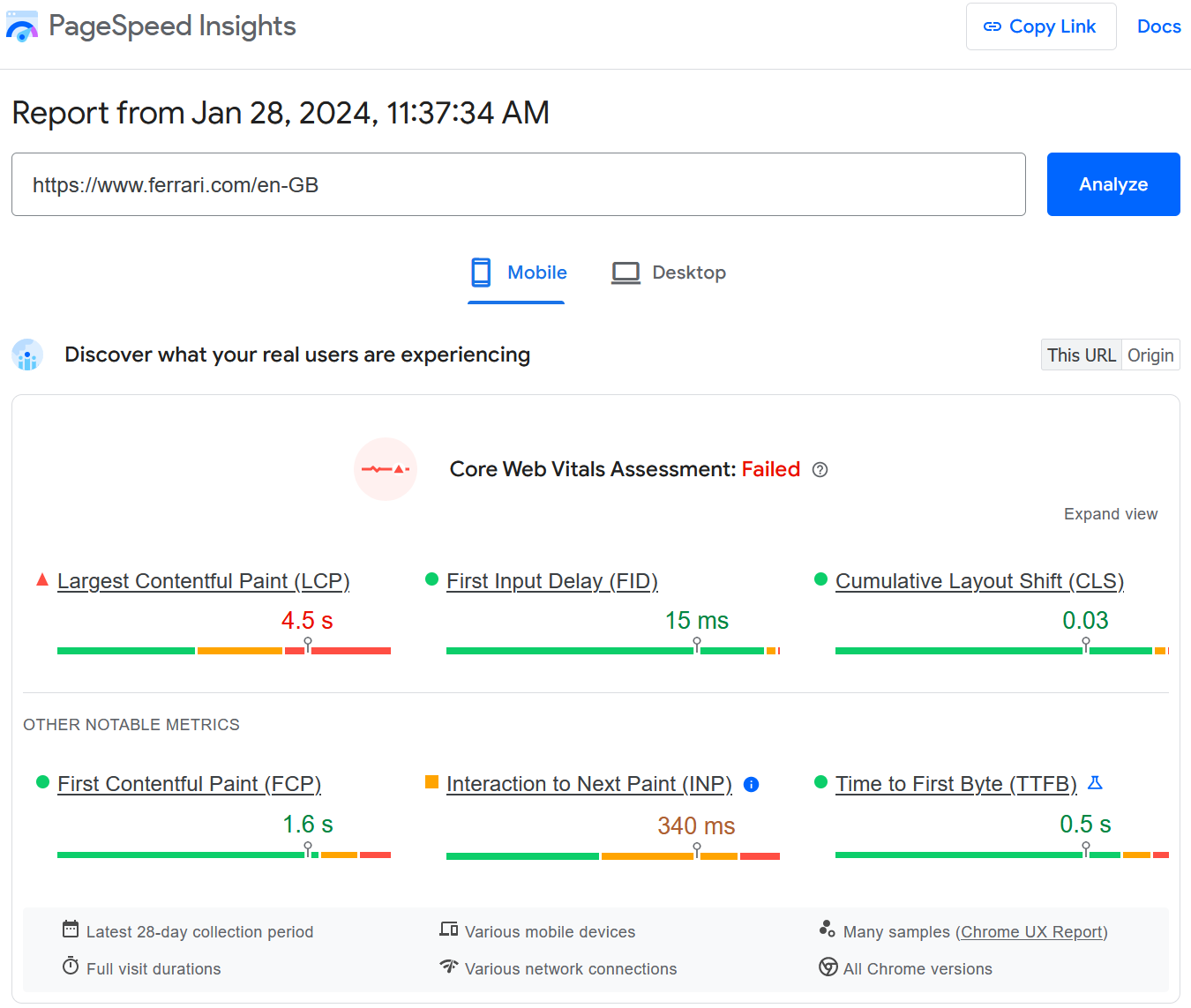PageSpeed Insights Test - Core Web Vitals Assessment Failed