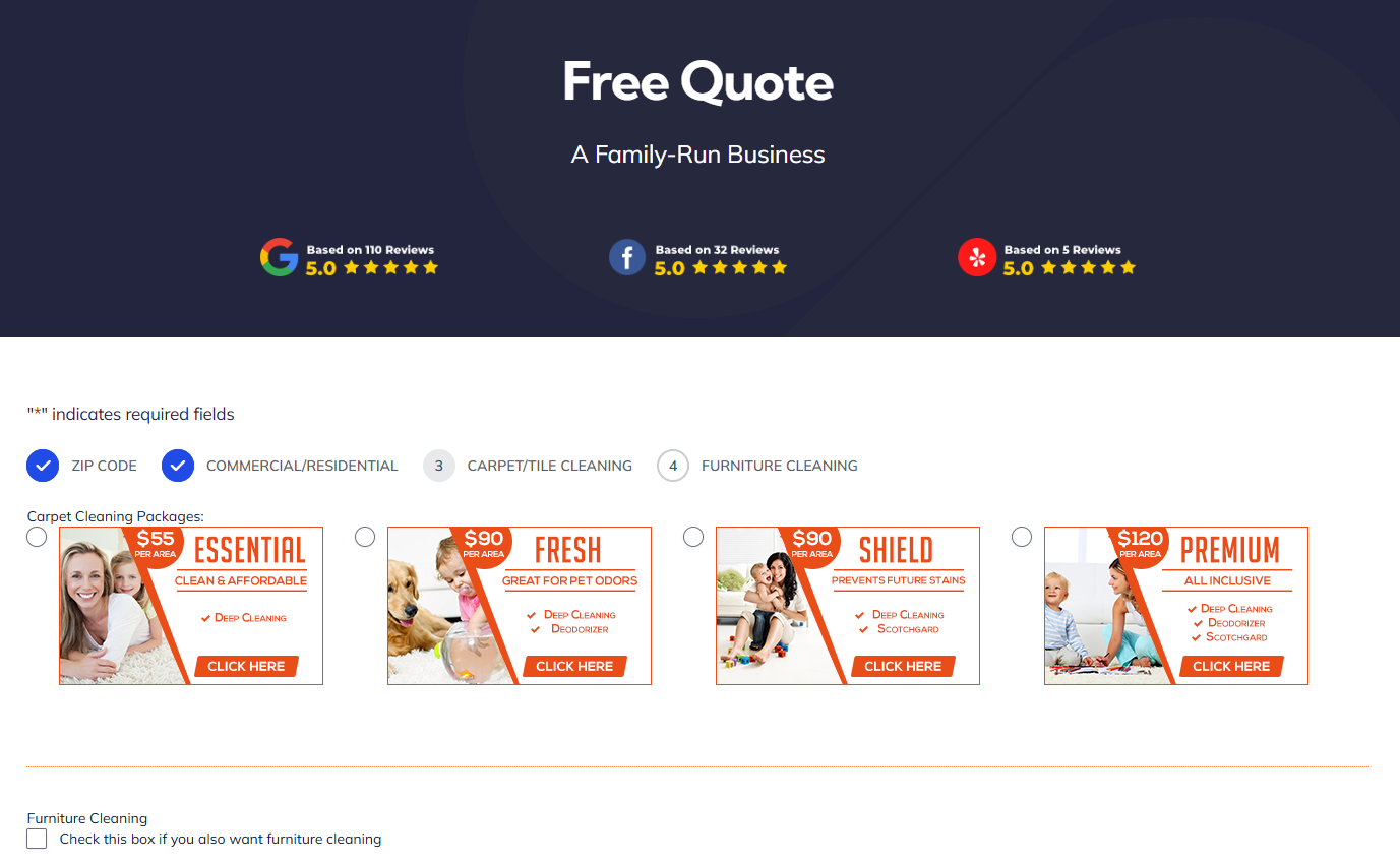Brothers Carpet Cleaning online quote scheduler showing carpet cleaning package options