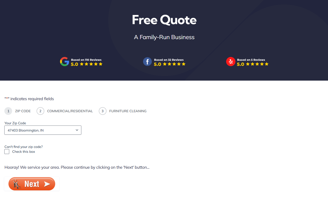 Brothers Carpet Cleaning online quote scheduler showing zip code service area selection