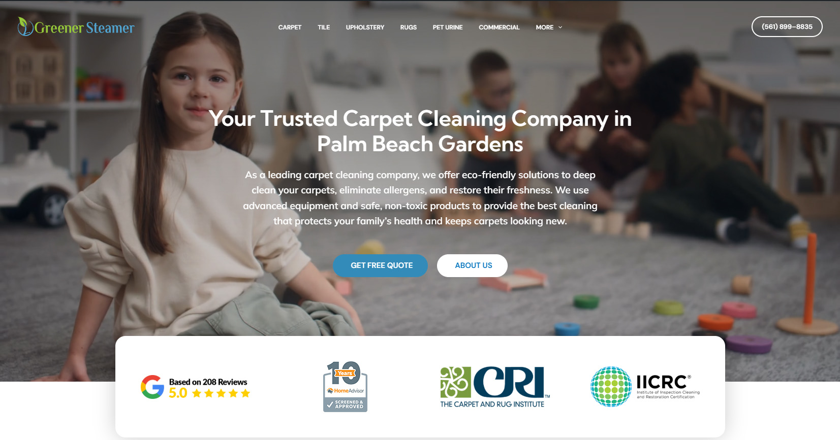 Greener Steamer homepage hero section for carpet cleaning in Palm Beach Gardens