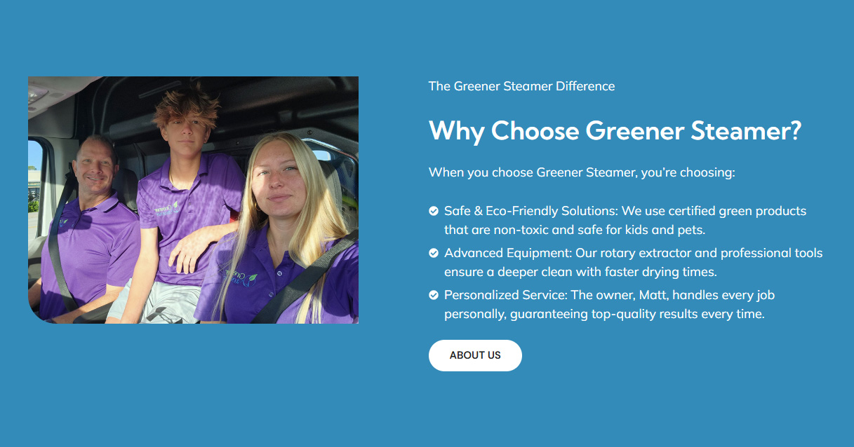 Greener Steamer why choose us section showing family-run carpet cleaning business