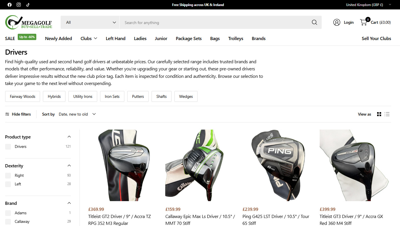 Mega Golf Shopify collection page showing golf clubs and product filters