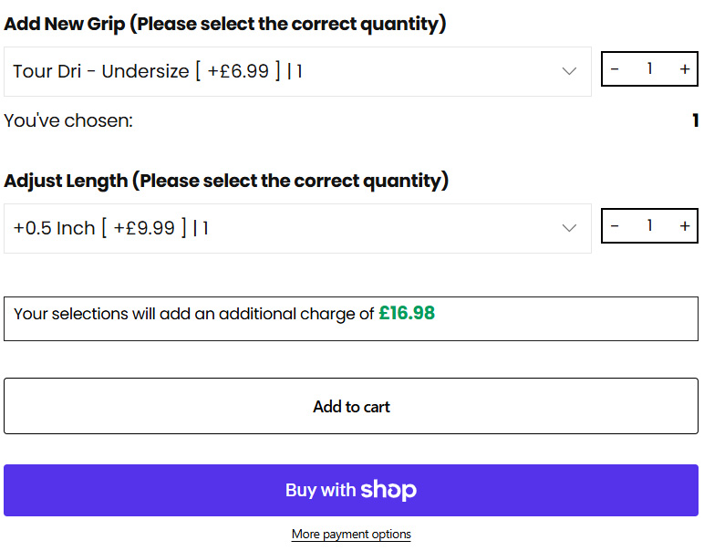 Mega Golf Shopify product page with grip customisation upsell option