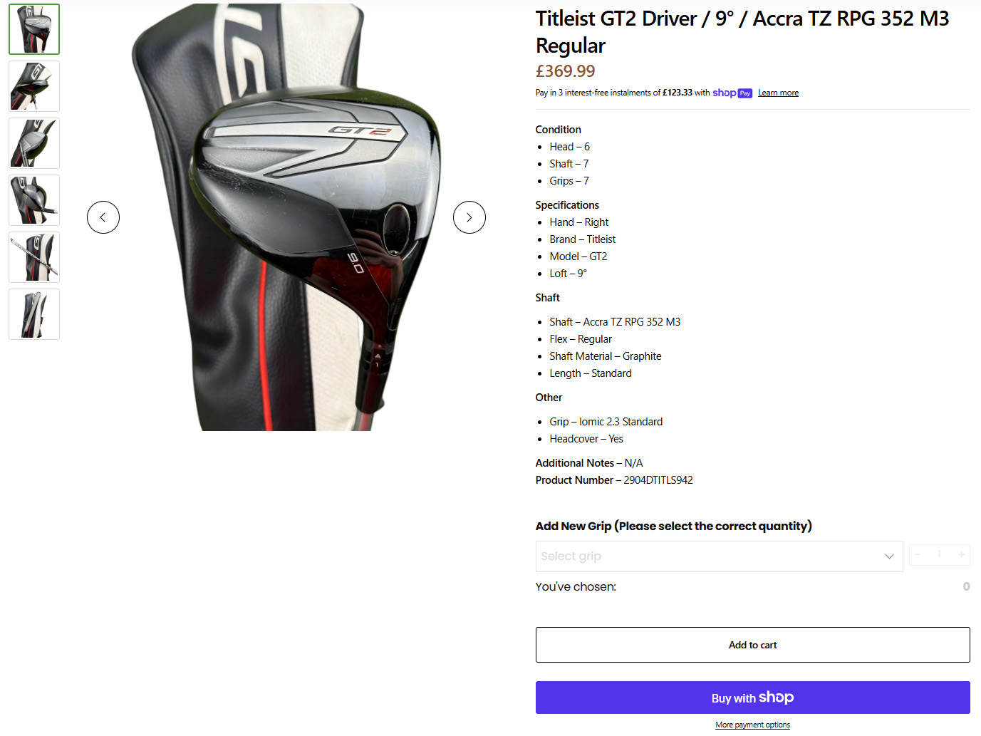 Mega Golf Shopify product page showing golf club details, pricing and purchase options