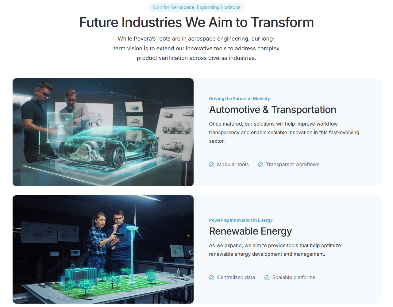 Povera Loads & Logic industries section showing future applications in automotive, transportation, and renewable energy.