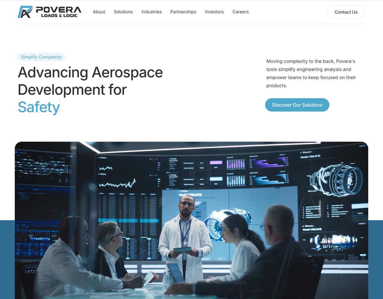Homepage hero section for Povera Loads & Logic with aerospace-focused messaging and modern engineering visuals.