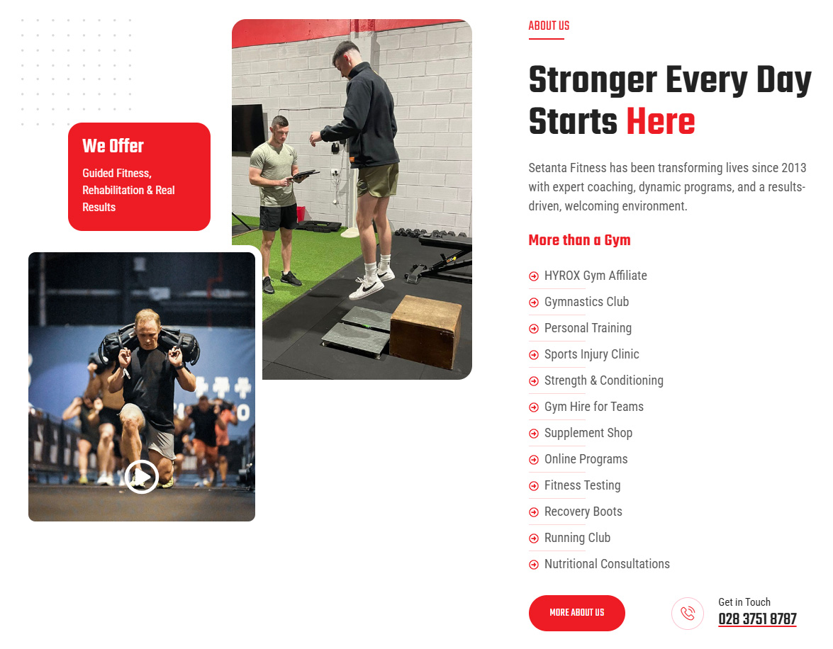 Setanta Fitness about section showing gym services, personal training and rehabilitation support