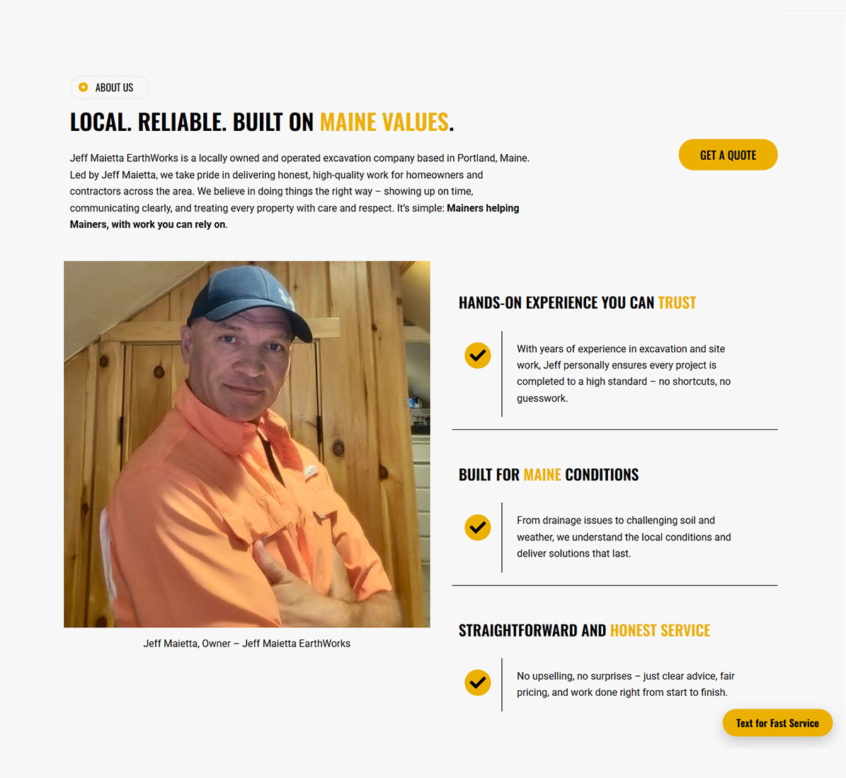 About section featuring Jeff Maietta’s portrait and information about his excavation business.