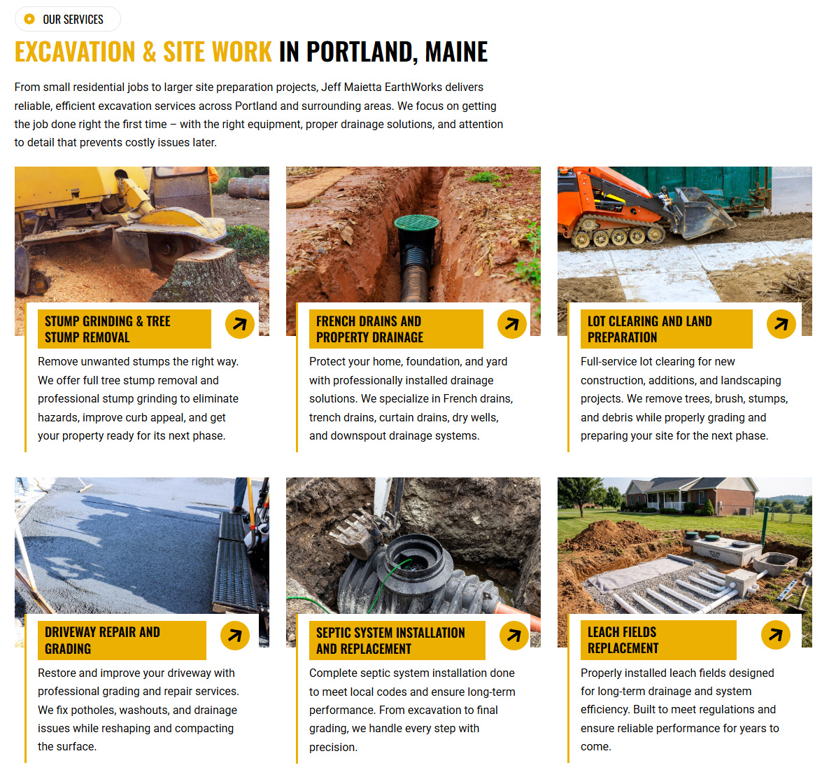 earthworks-services.webp Excavation service cards on the Jeff Maietta EarthWorks website.