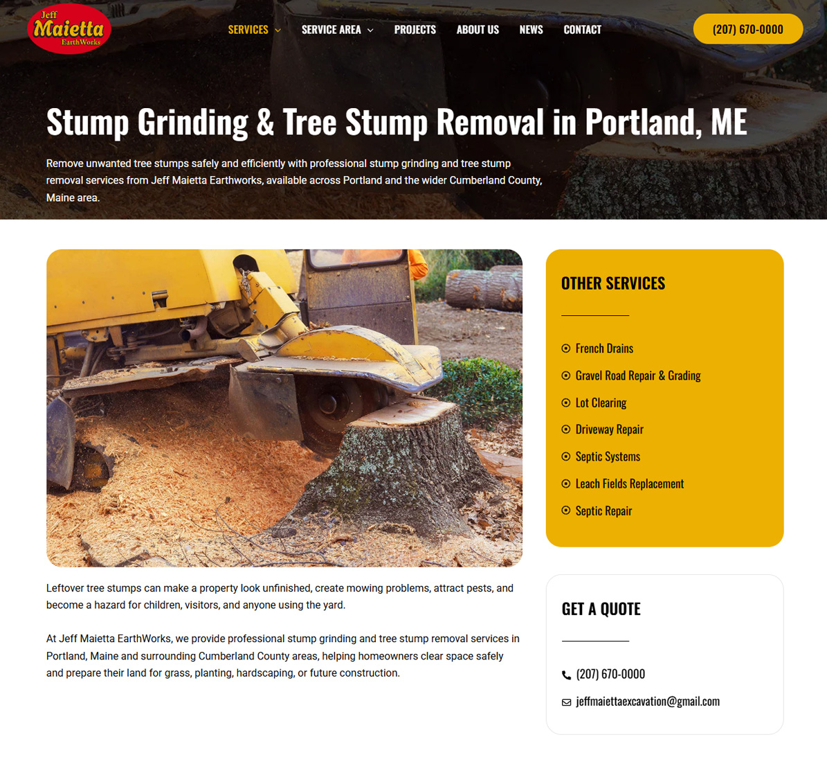 Jeff Maietta EarthWorks stump removal page with service information and quote contact details.