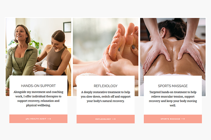 Three website cards showing hands-on support, foot reflexology and sports massage.